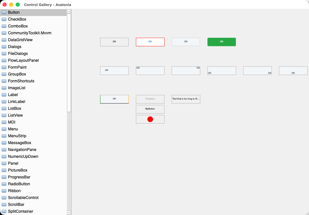 The ControlGallery sample running on macOS, with the Button panel selected