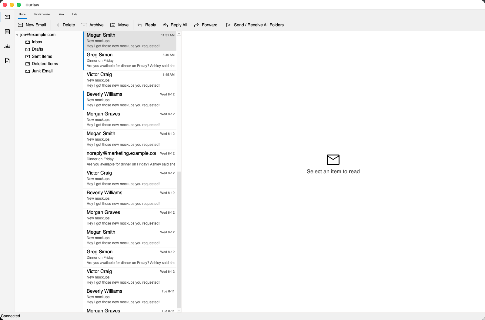 The Outlaw sample, an Outlook clone, running on macOS
